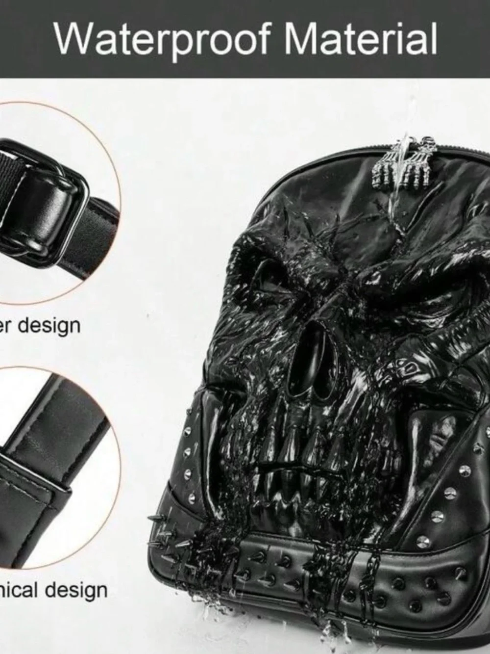Men's Black Skull Embossed Backpack - Gothic Streetwear Faux Leather Backpack